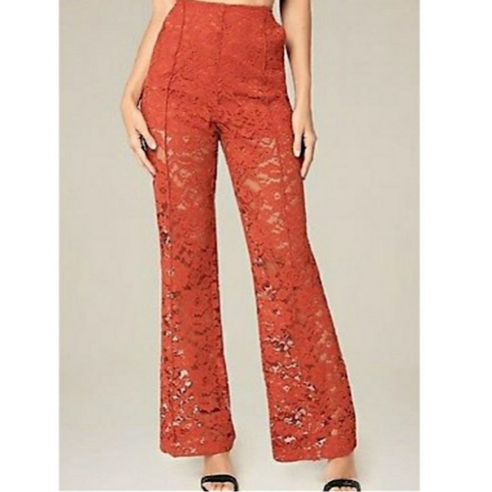 Bebe Red Lace Wide Leg Trouser Pants 2 High Rise Shorts Lined Sexy Boho Party